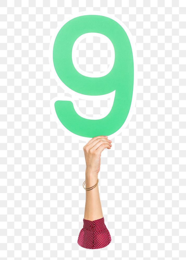 Number nine png hand holding sign, transparent background