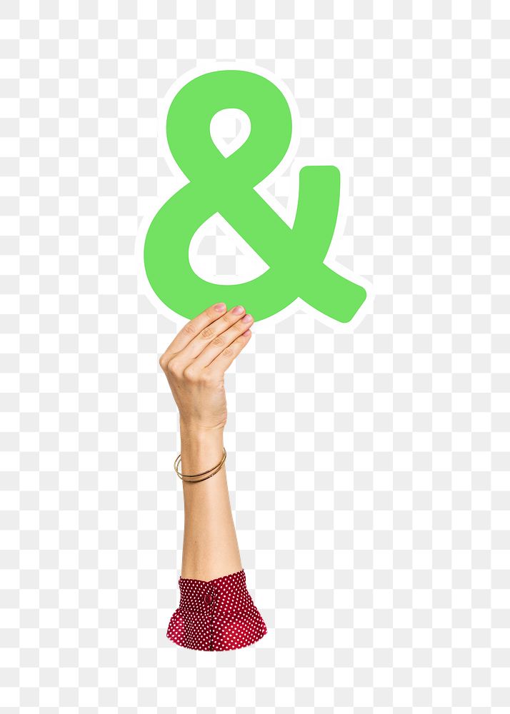 Hand holding  png ampersand sign, transparent background