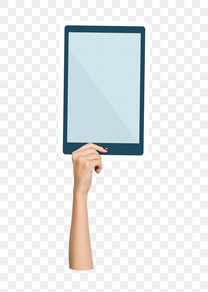 Hand holding png tablet sticker, digital device, transparent background