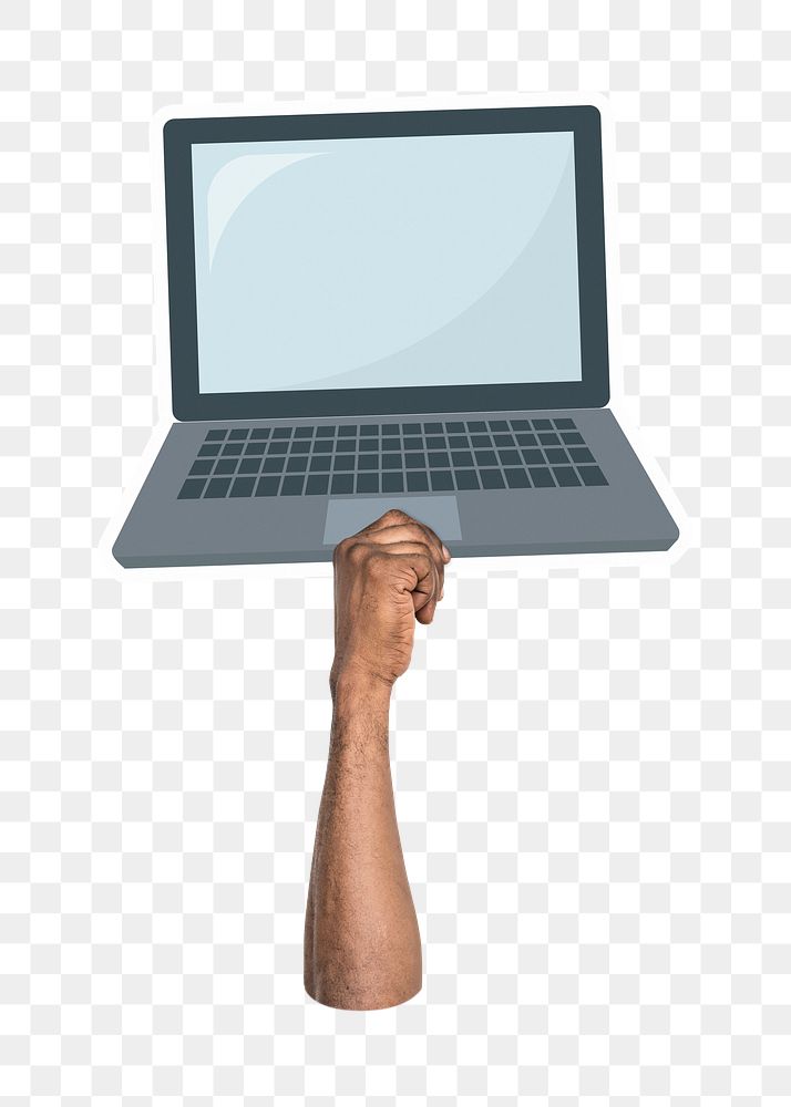 Hand holding png laptop sticker, digital device, transparent background