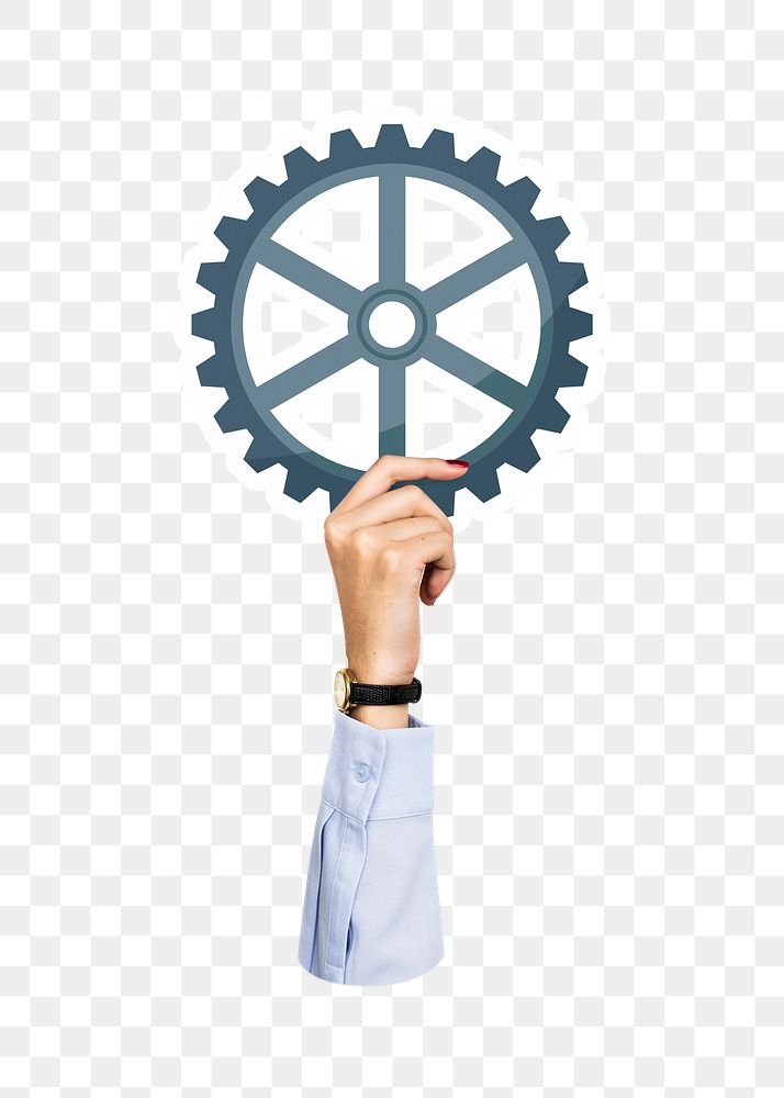 Hand holding png cogwheel sticker, transparent background