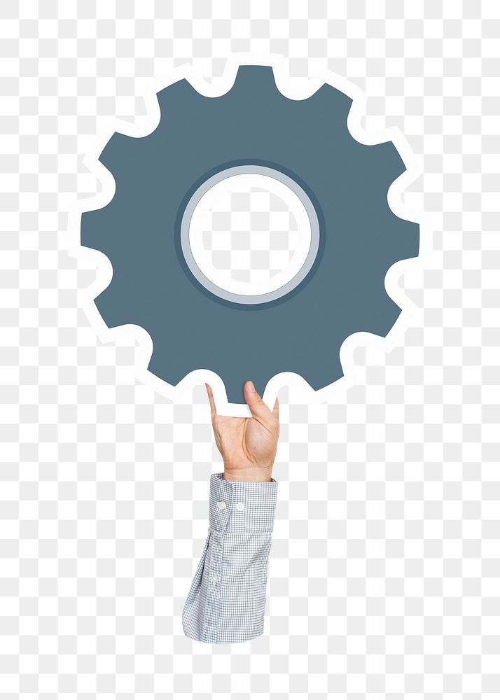 Hand holding png cogwheel sticker, transparent background