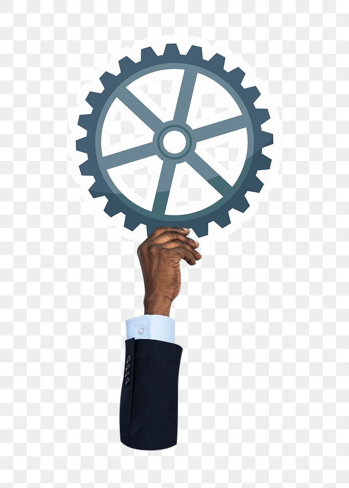 Hand holding png cogwheel sticker, transparent background