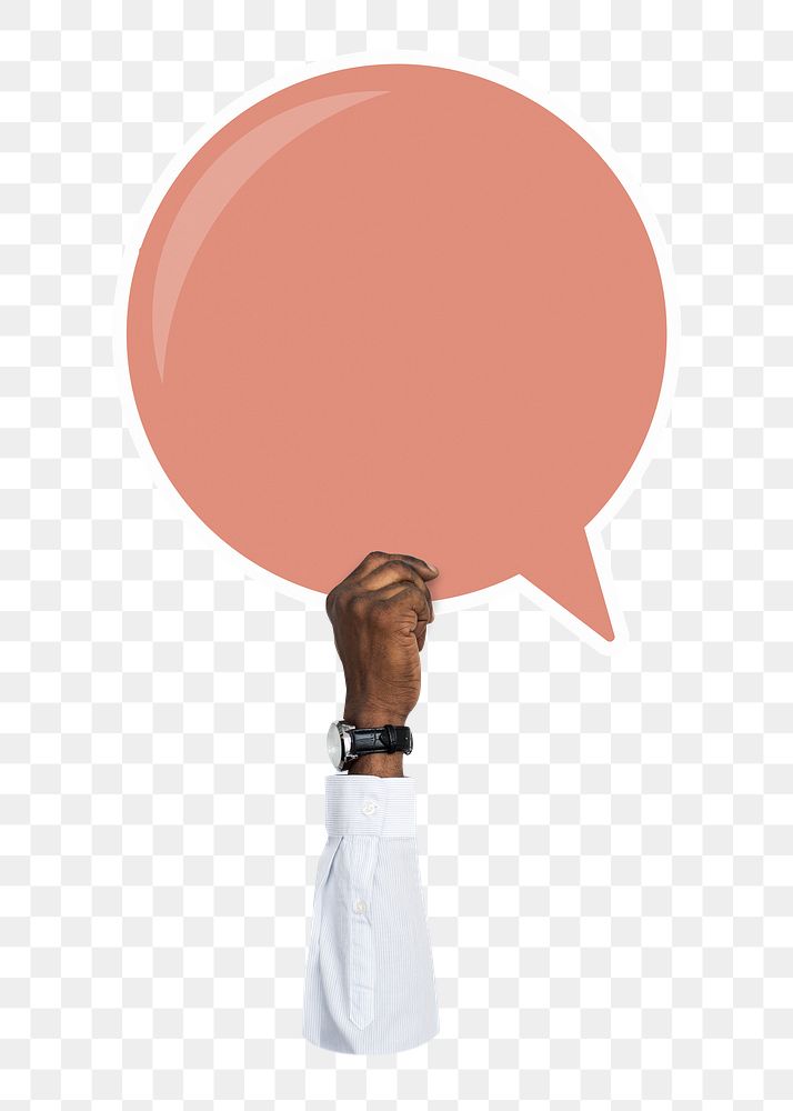 Hand holding png speech bubble sticker, transparent background