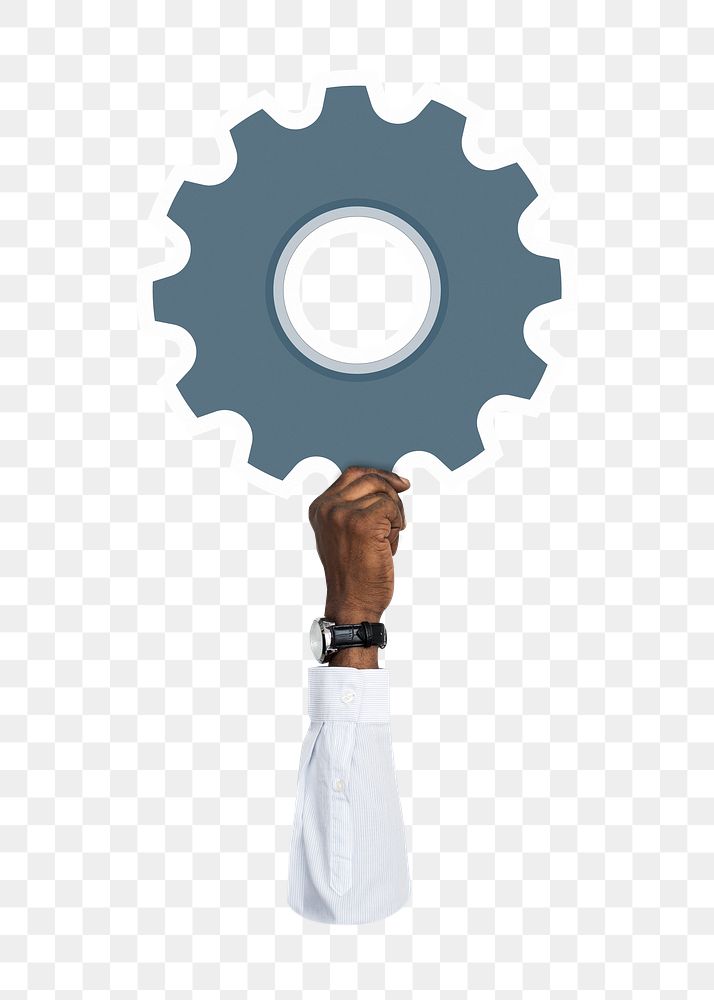 Hand holding png cogwheel sticker, transparent background