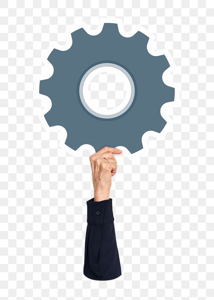 Hand holding png cogwheel sticker, transparent background