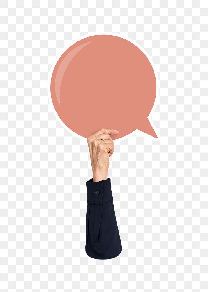 Hand holding png speech bubble sticker, transparent background