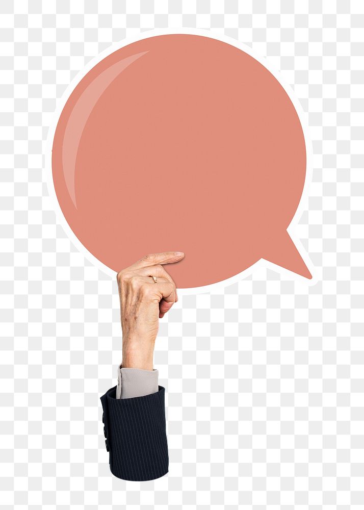 Hand holding png speech bubble sticker, transparent background