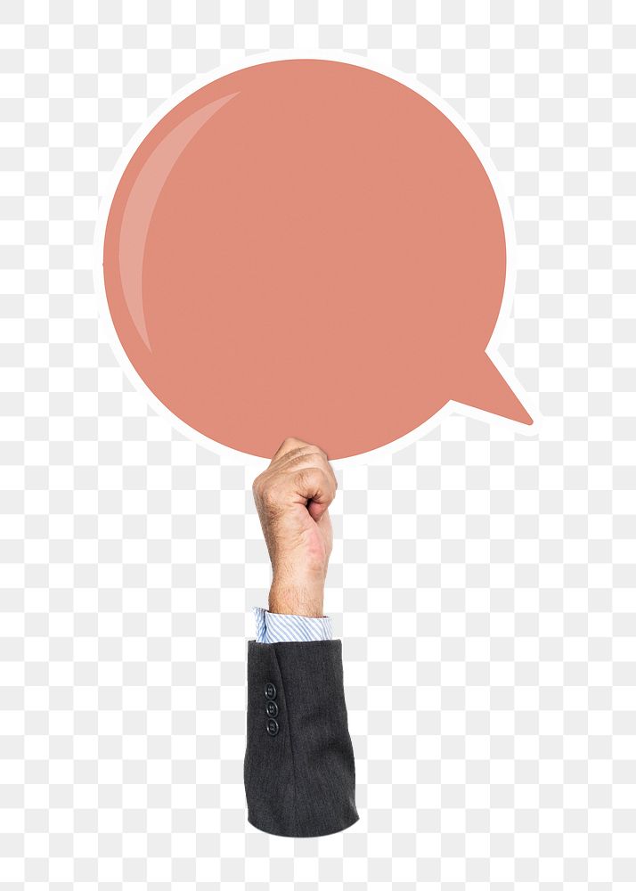 Hand holding png speech bubble sticker, transparent background