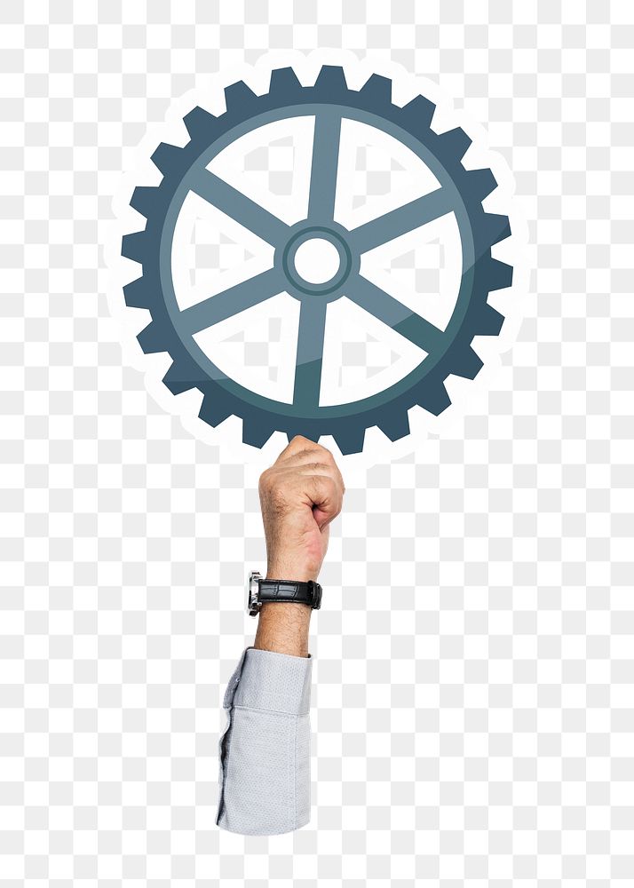 Hand holding png cogwheel sticker, transparent background