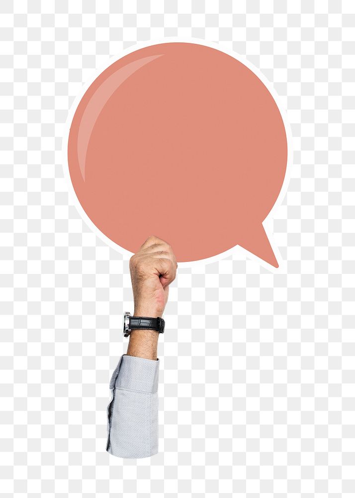 Hand holding png speech bubble sticker, transparent background