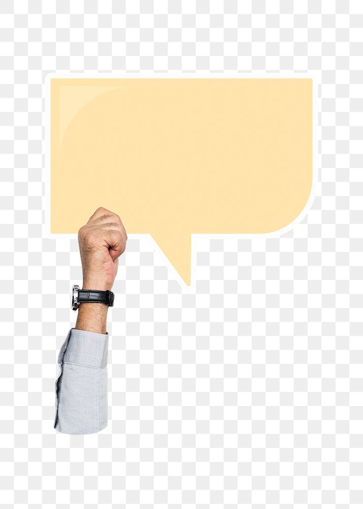 Hand holding png speech bubble sticker, transparent background