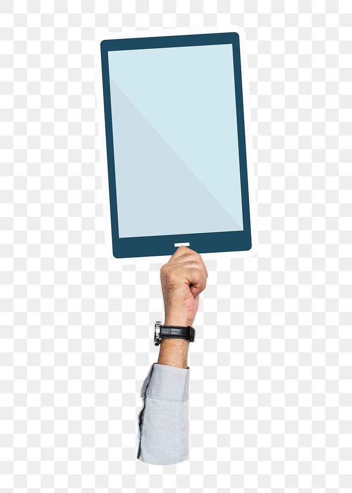 Hand holding png tablet sticker, digital device, transparent background