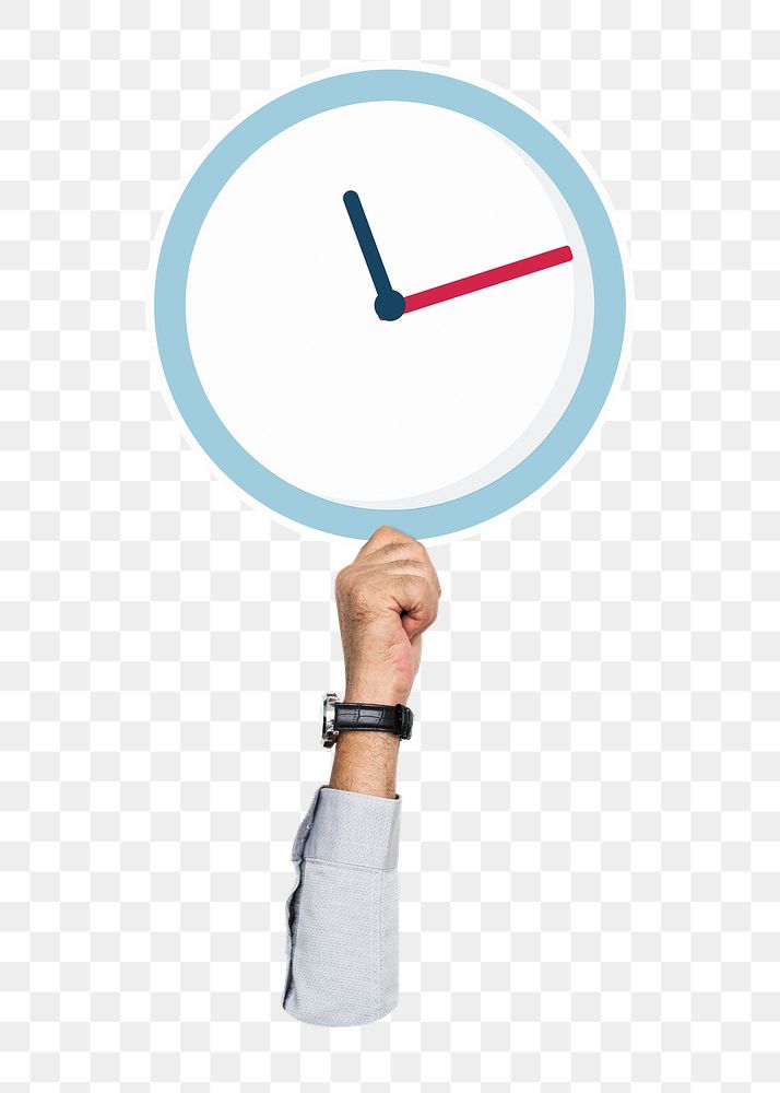 Hand holding png clock sticker, transparent background