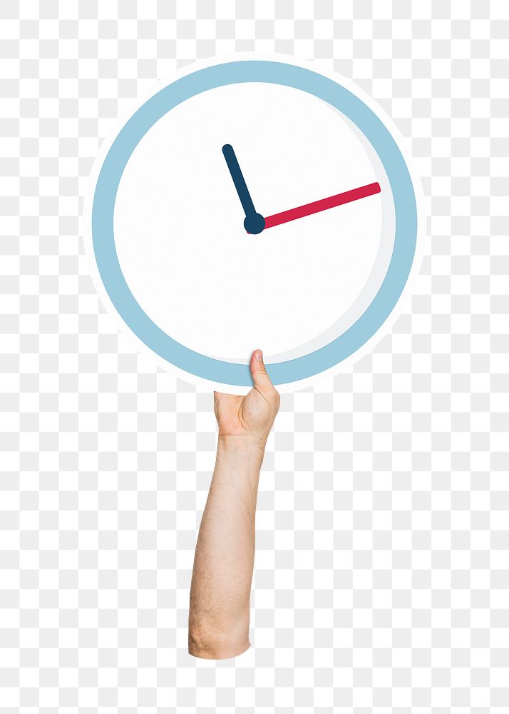 Hand holding png clock sticker, transparent background