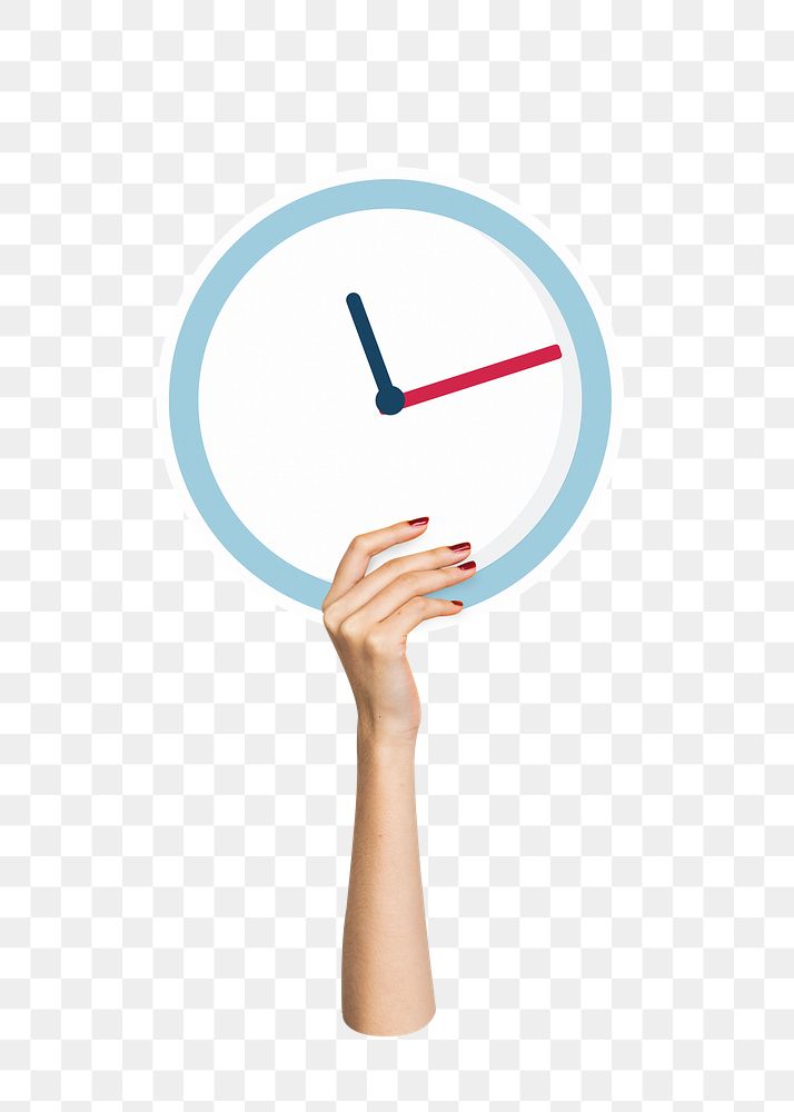 Hand holding png clock sticker, transparent background