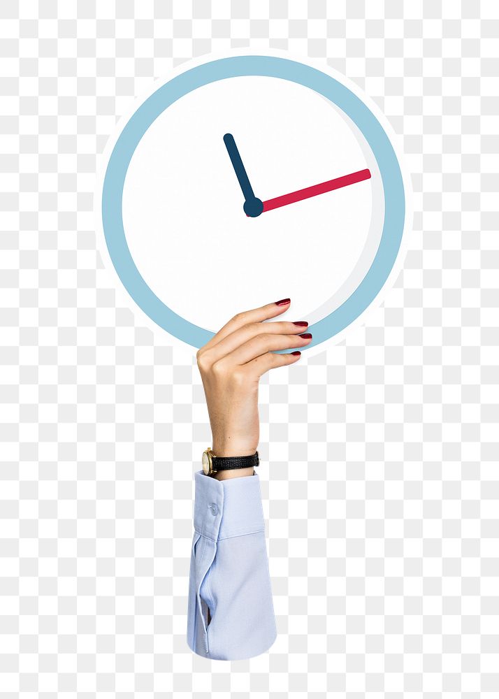 Hand holding png clock sticker, transparent background