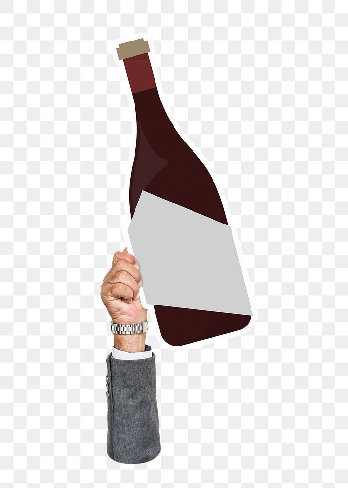 Hand holding png wine bottle sticker, transparent background