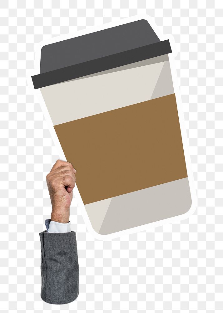 Hand holding png coffee cup sticker, transparent background