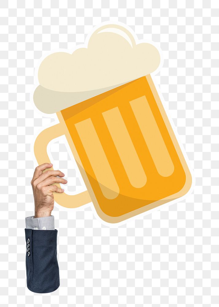 Hand holding png beer glass sticker, transparent background