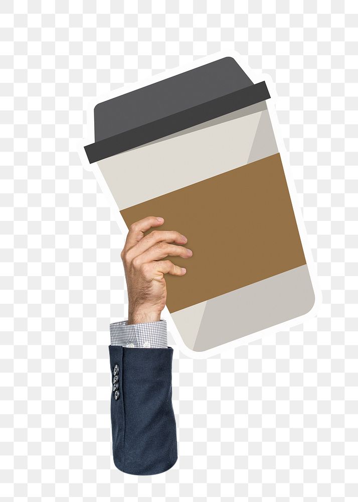 Hand holding png coffee cup sticker, transparent background