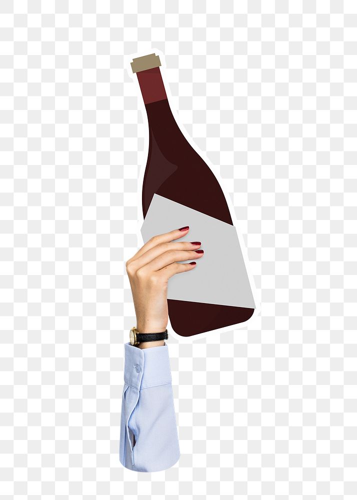 Hand holding png wine bottle sticker, transparent background