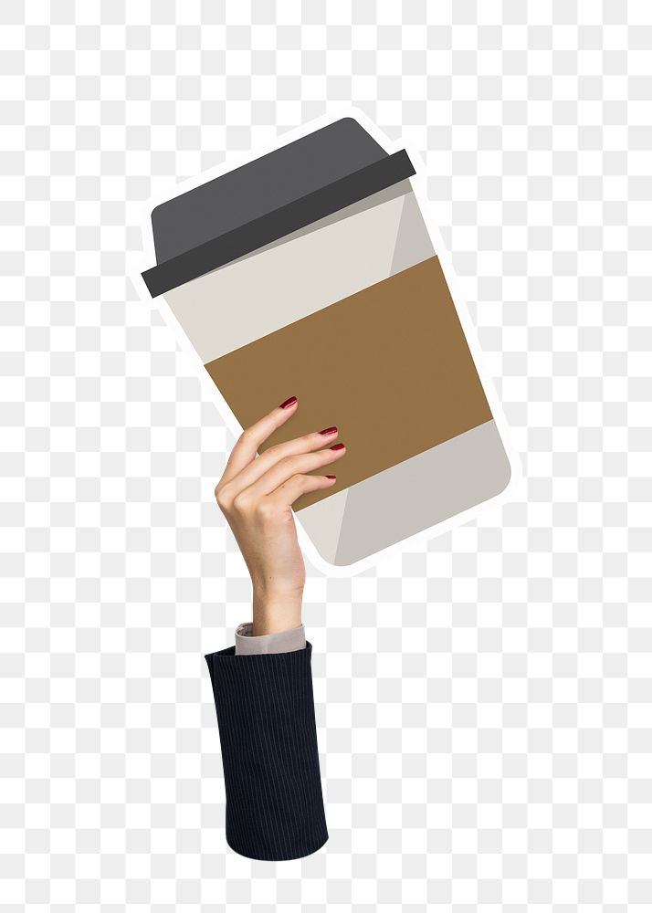 Hand holding png coffee cup sticker, transparent background