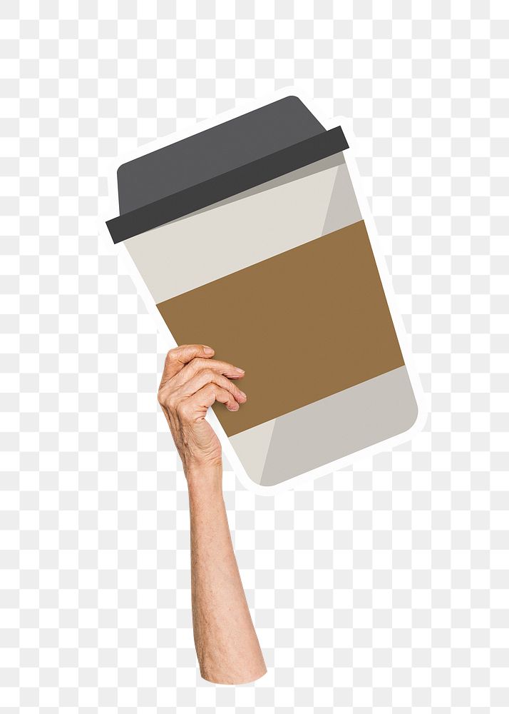 Hand holding png coffee cup sticker, transparent background