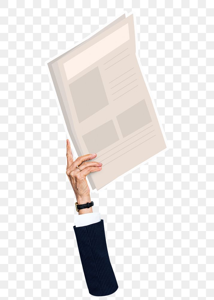 Hand holding png newspaper clipart, transparent background