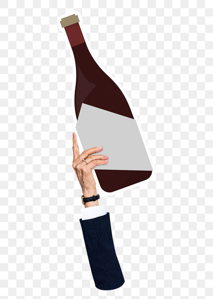 Hand holding png wine bottle sticker, transparent background