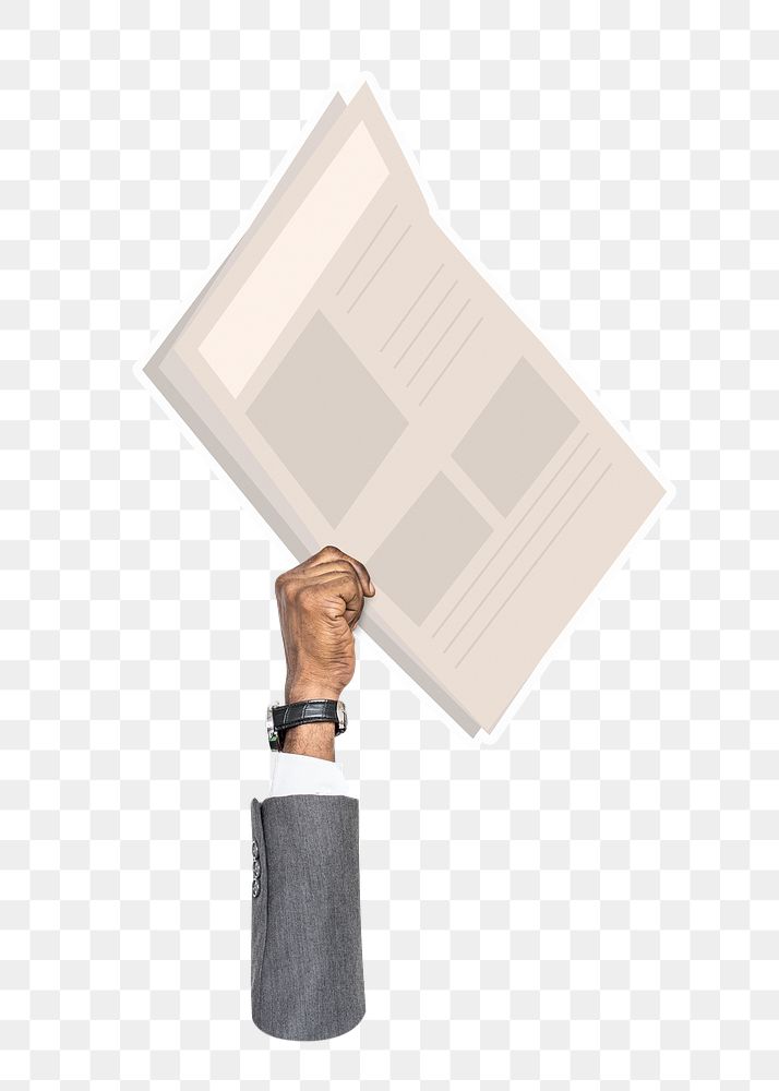 Hand holding png newspaper clipart, transparent background