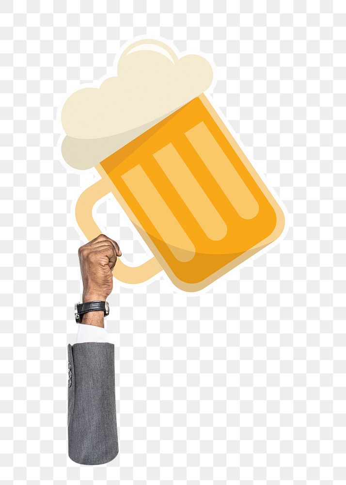 Hand holding png beer glass sticker, transparent background