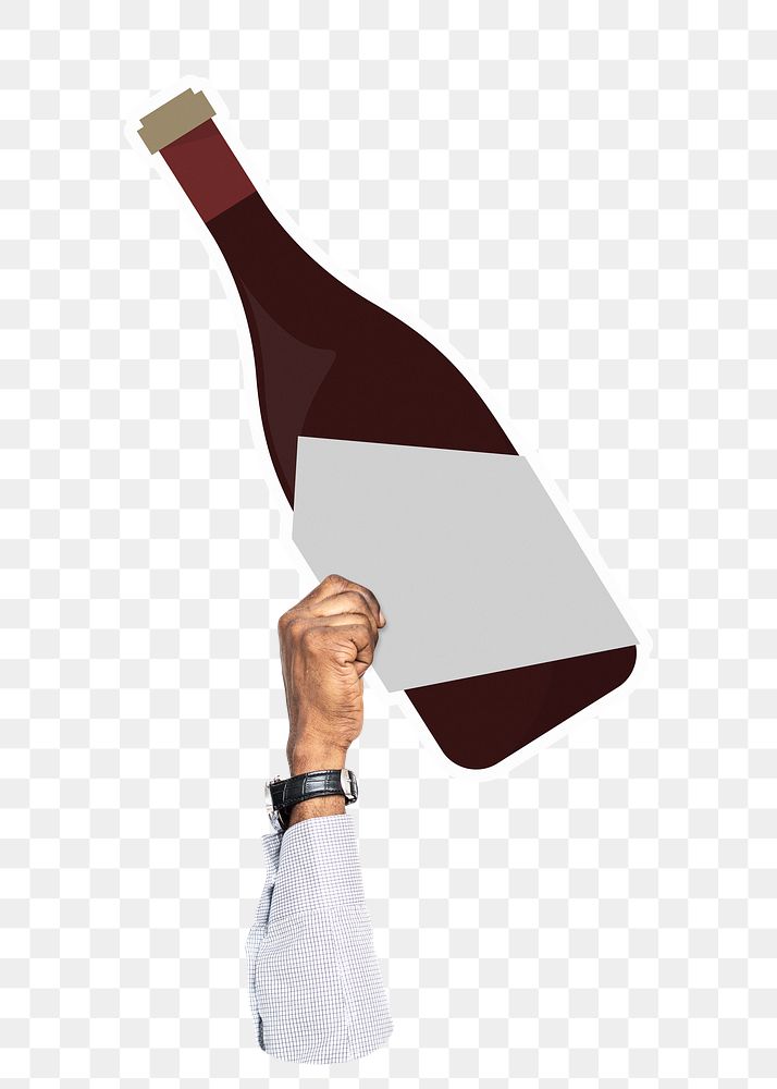 Hand holding png wine bottle sticker, transparent background