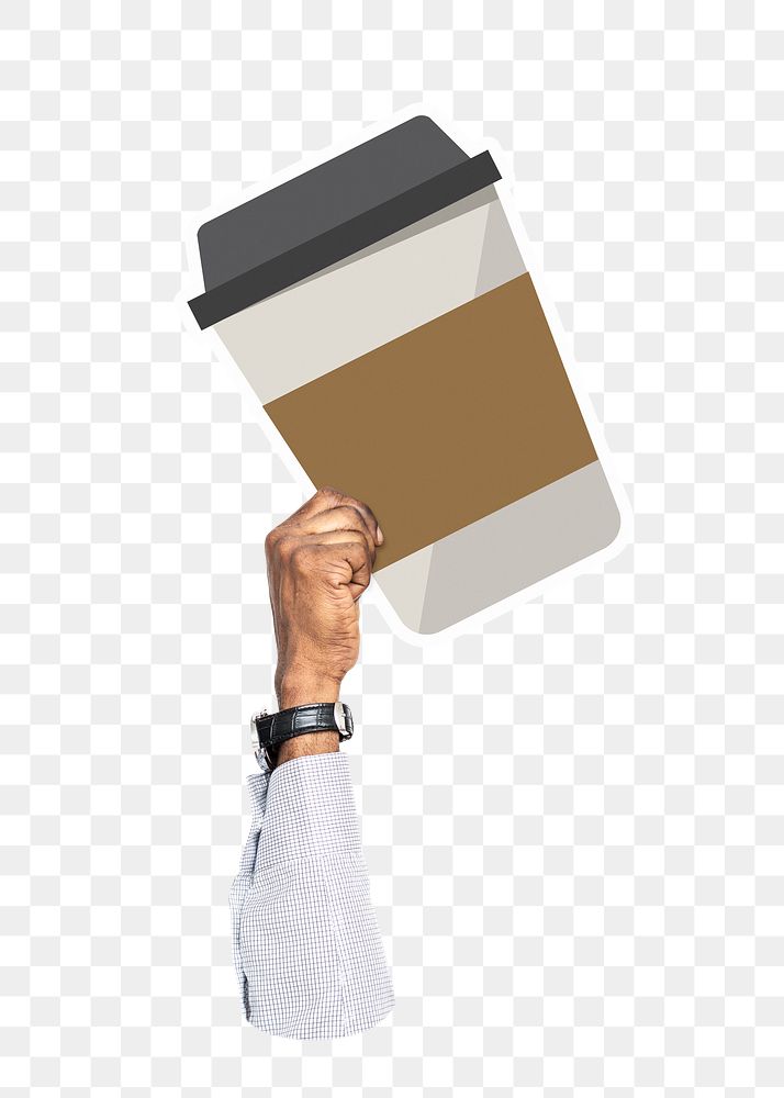 Hand holding png coffee cup sticker, transparent background