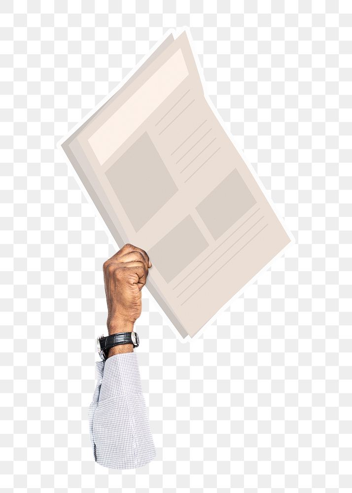 Hand holding png newspaper clipart, transparent background