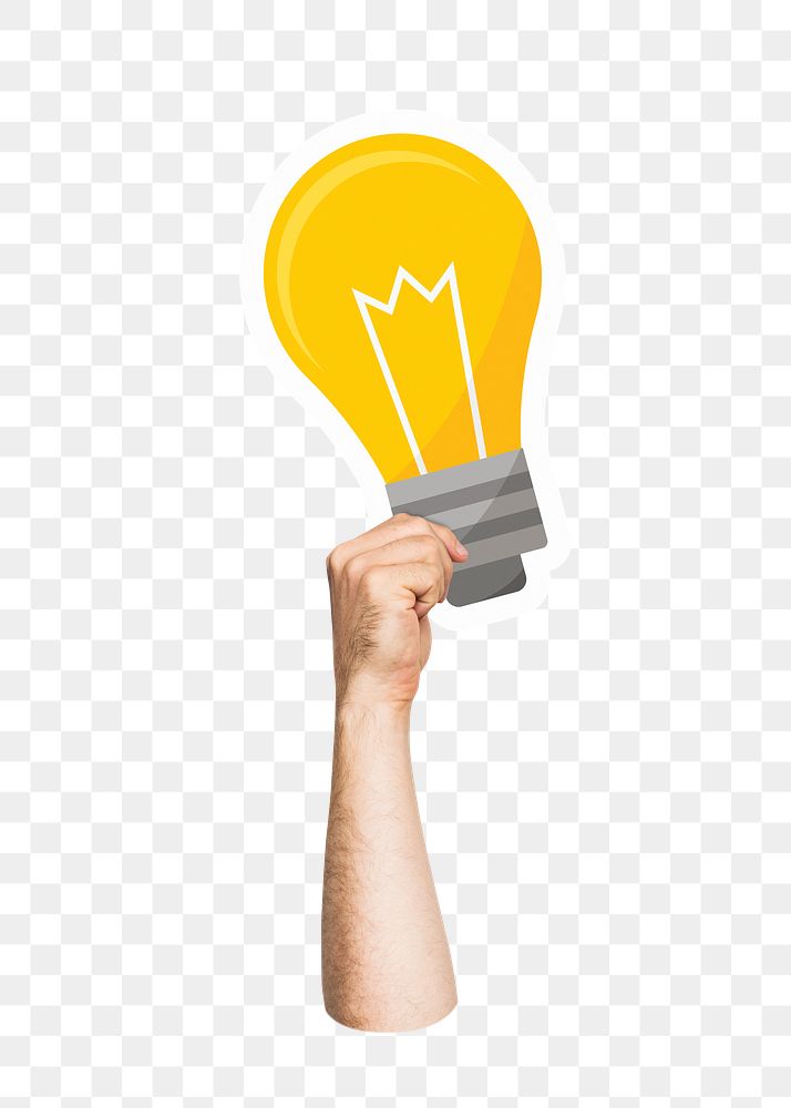 Hand holding png light bulb sticker, transparent background