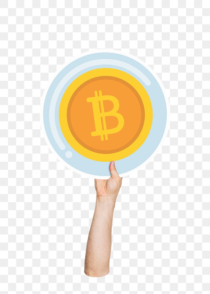 Hand holding png bitcoin sticker, transparent background