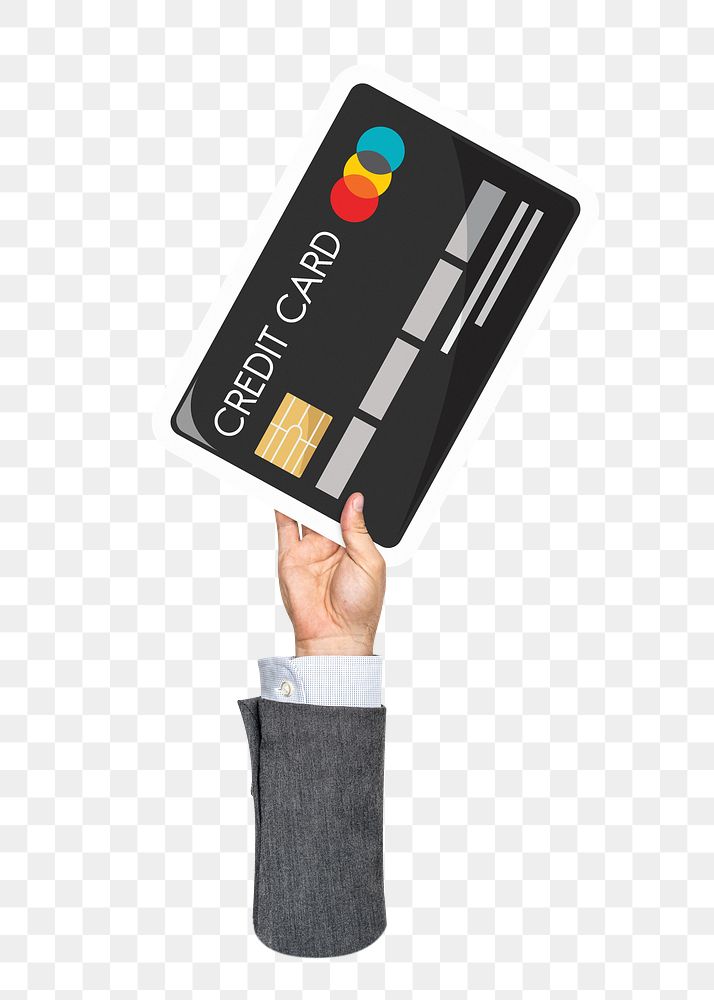 Hand holding png credit card sticker, finance graphic, transparent background