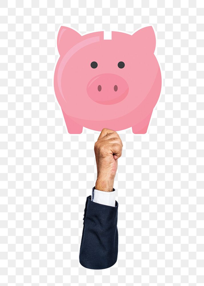 Hand holding png piggy bank clipart, transparent background