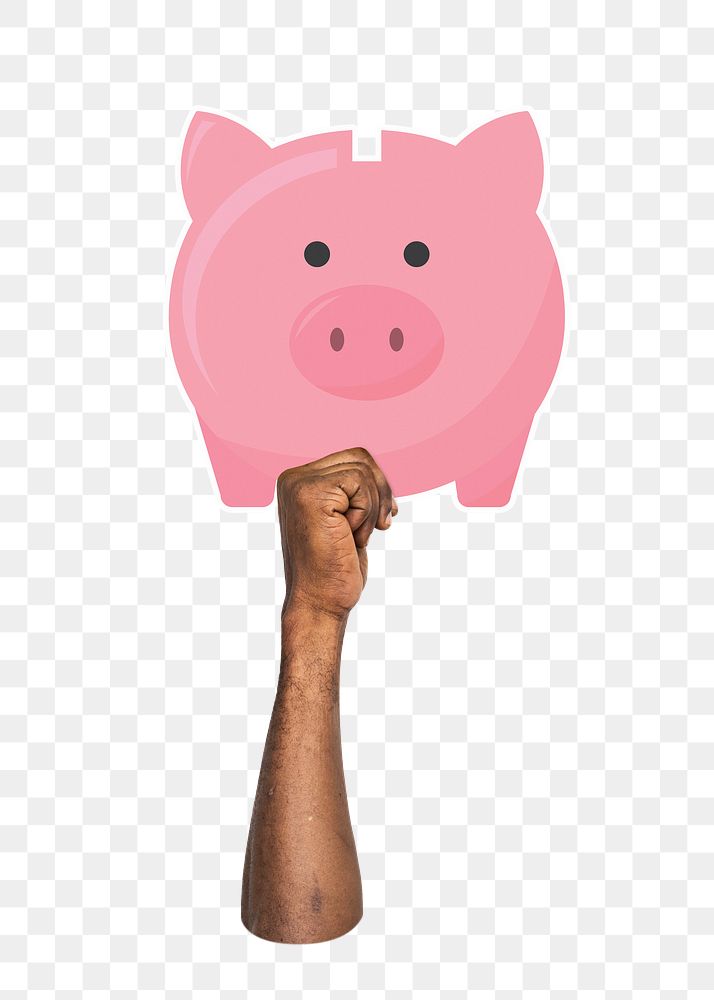 Hand holding png piggy bank clipart, transparent background