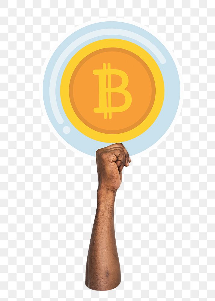 Hand holding png bitcoin sticker, transparent background