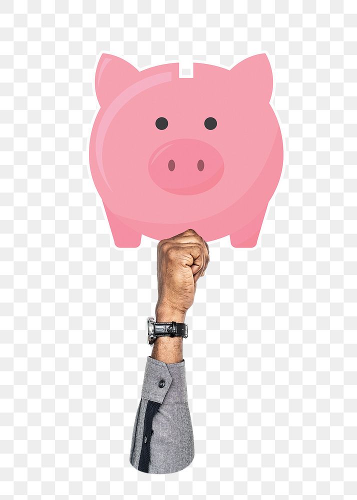 Hand holding png piggy bank clipart, transparent background