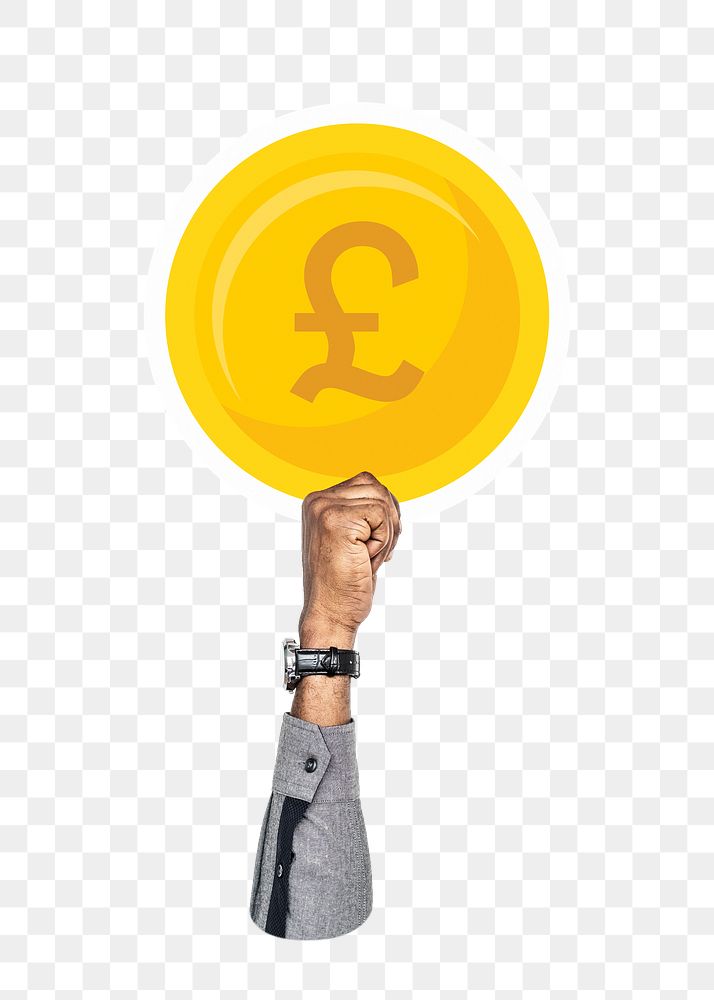 Hand holding png Pound coin clipart, transparent background