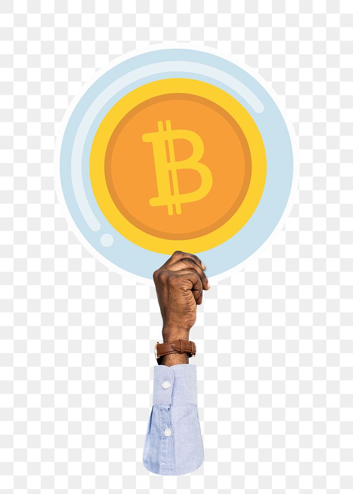 Hand holding png bitcoin sticker, transparent background