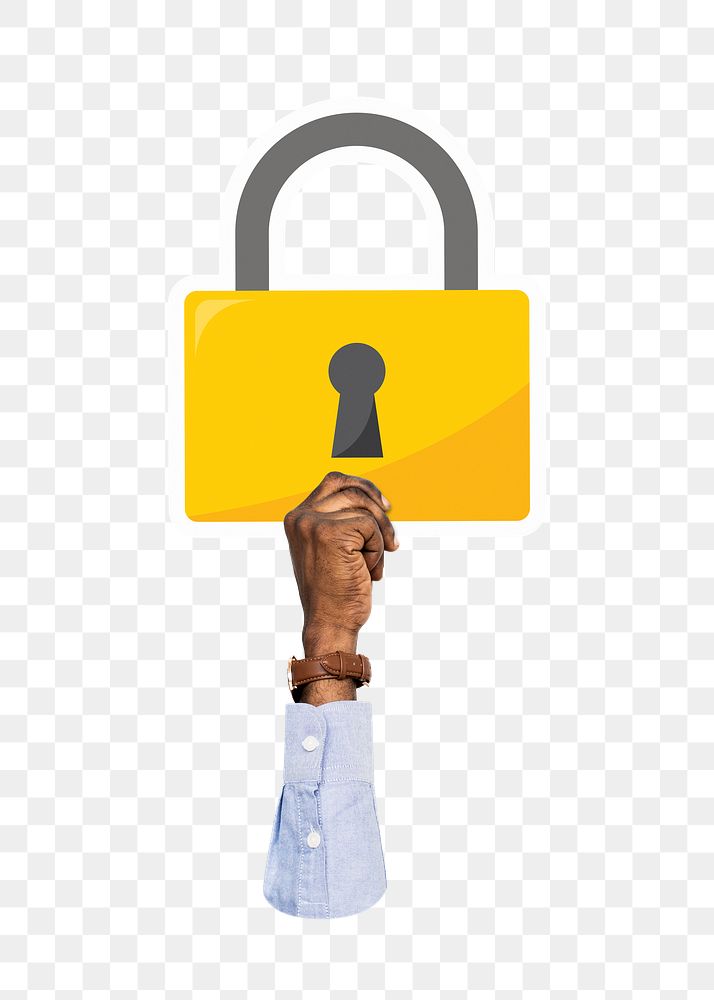 Hand holding png padlock clipart, transparent background