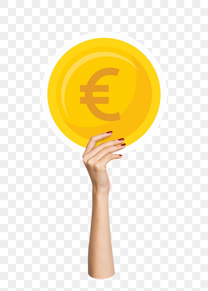 Hand holding png EURO coin clipart, transparent background