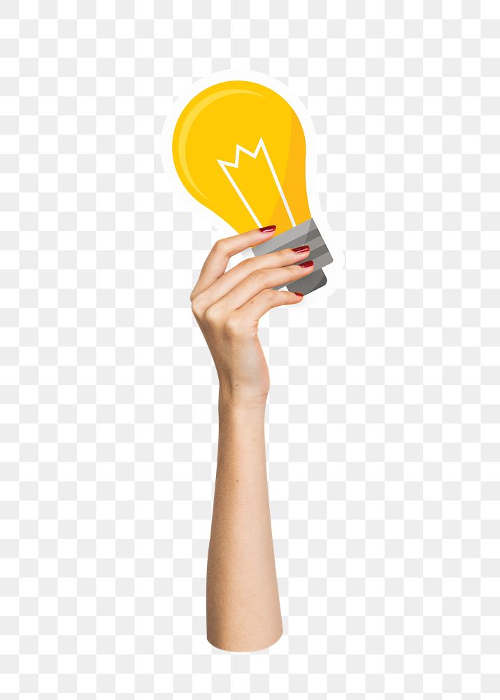 Hand holding png light bulb clipart, transparent background