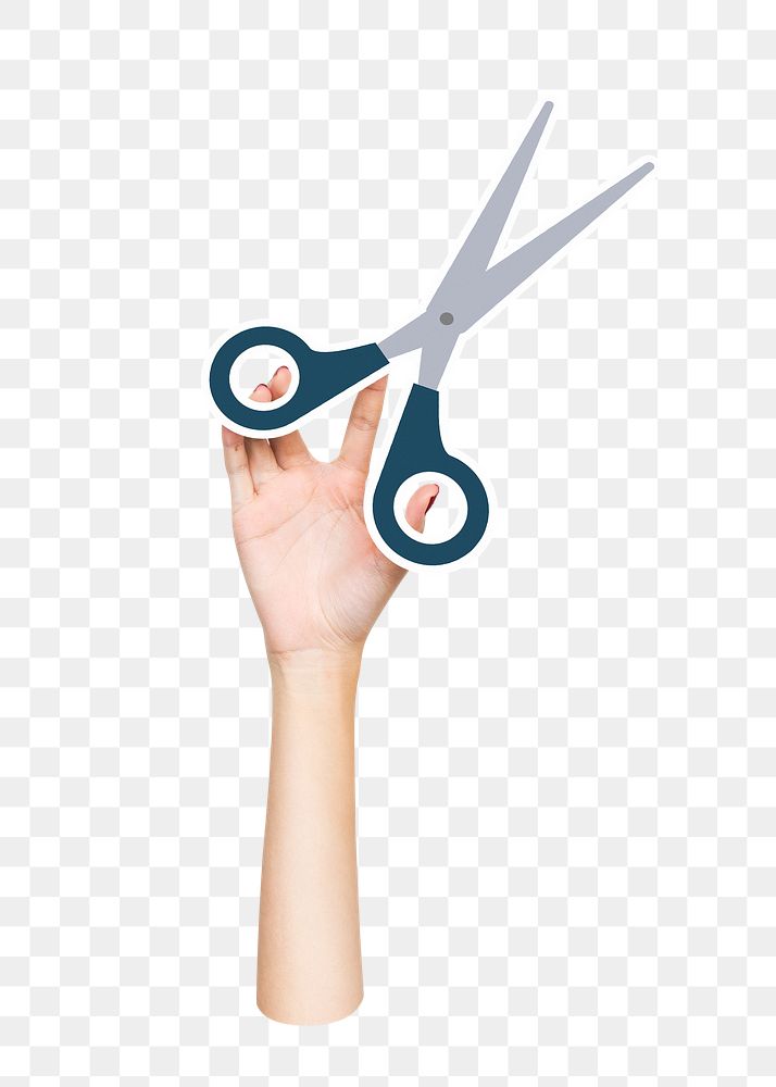 Hand holding png scissors sticker, transparent background