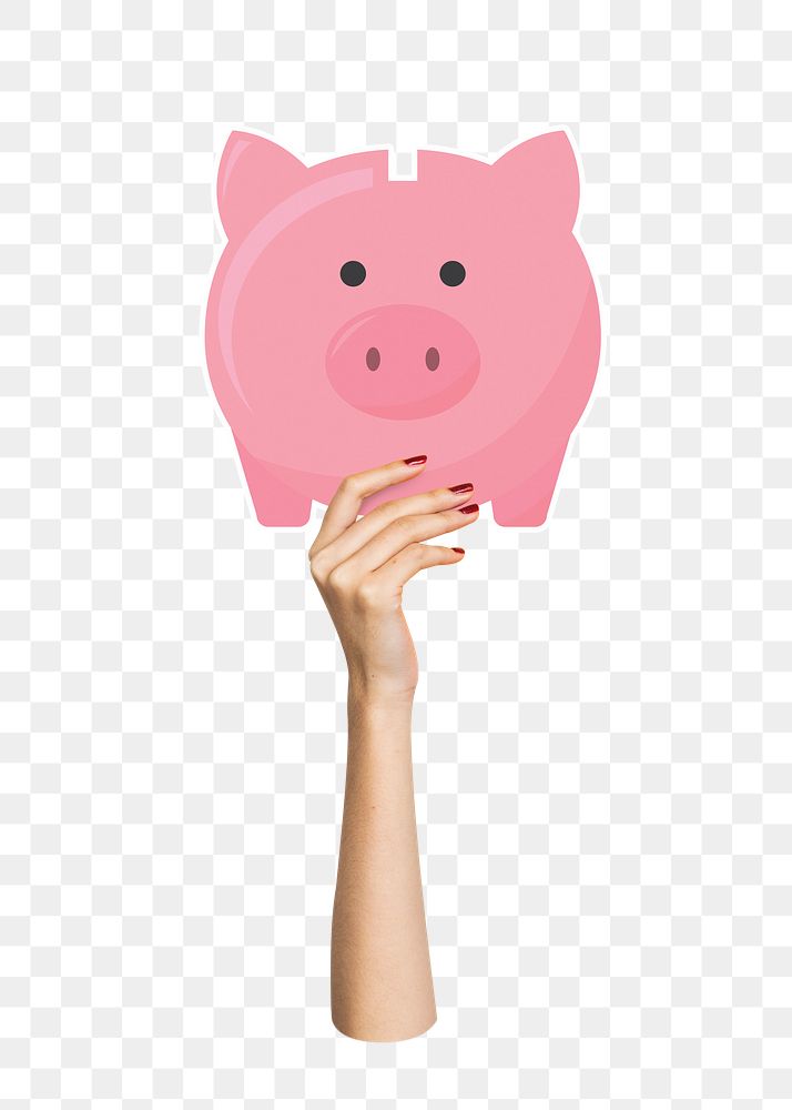 Hand holding png piggy bank clipart, transparent background