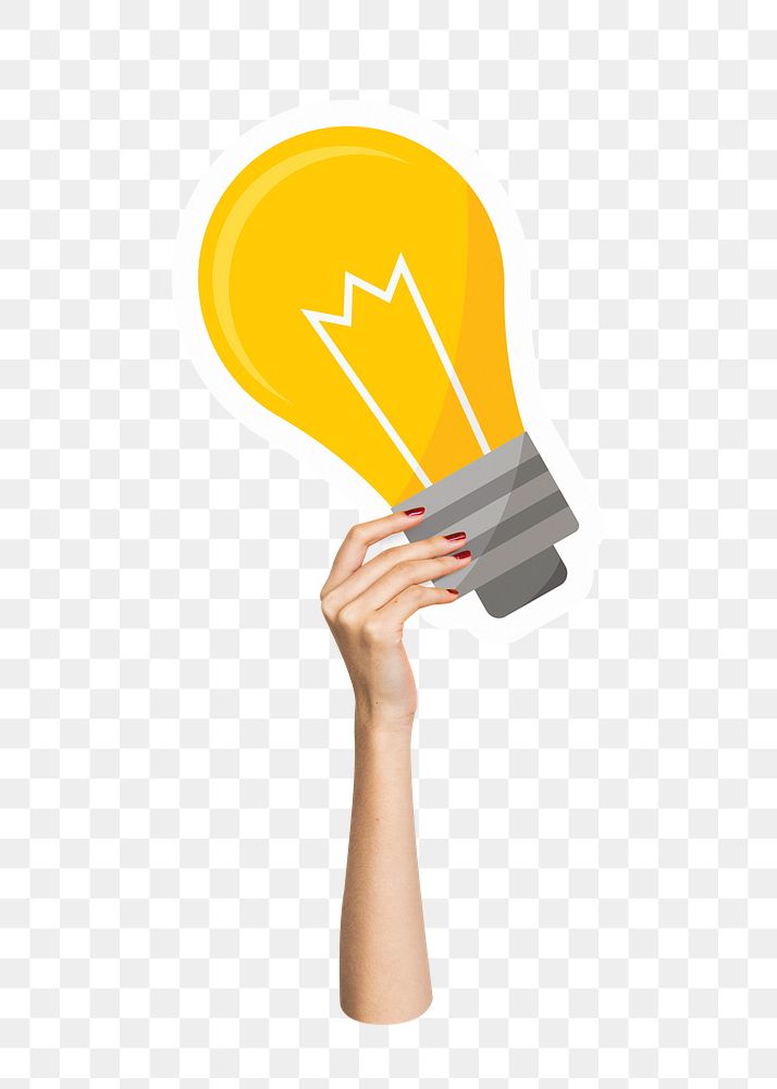 Hand holding png light bulb clipart, transparent background